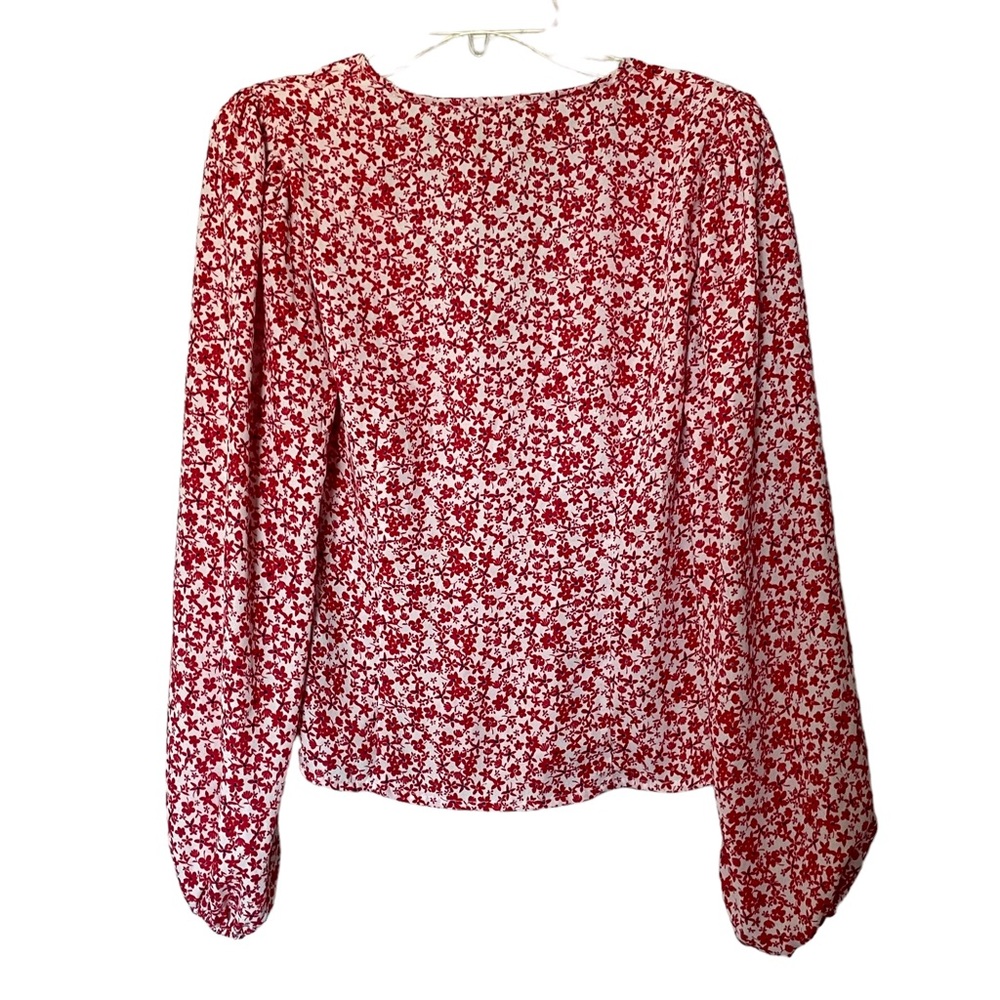 Lush Red & White Floral Print V Neck Long Sleeve Button Down Top, Size XS - Picture 7 of 11